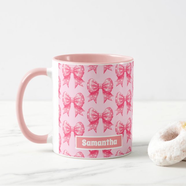Pink Polka Dots Bow Ribbon Personalised Name Mug (With Donut)