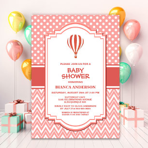 Pink Polka Dots Chevron Stripes Hot Air Balloon Invitation