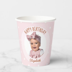 Pink Polka Dots Girl Birthday Photo Happy Birthday Paper Cups