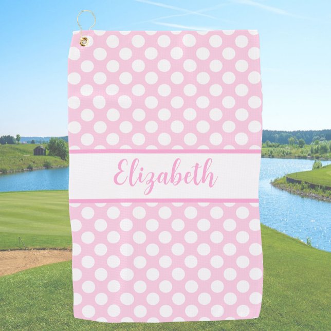 Pink polka dots golf towel ladies custom name (Creator Uploaded)
