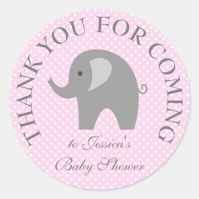 Pink polka dots grey elephant baby shower stickers (Front)