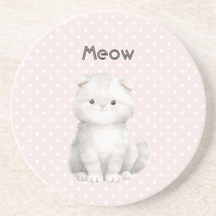 Pink Polka Dots Grey White Cute Kitty Cat  Coaster