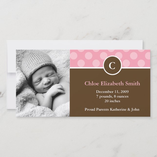 Pink Polka Dots Monogram Baby Announcements (Front)