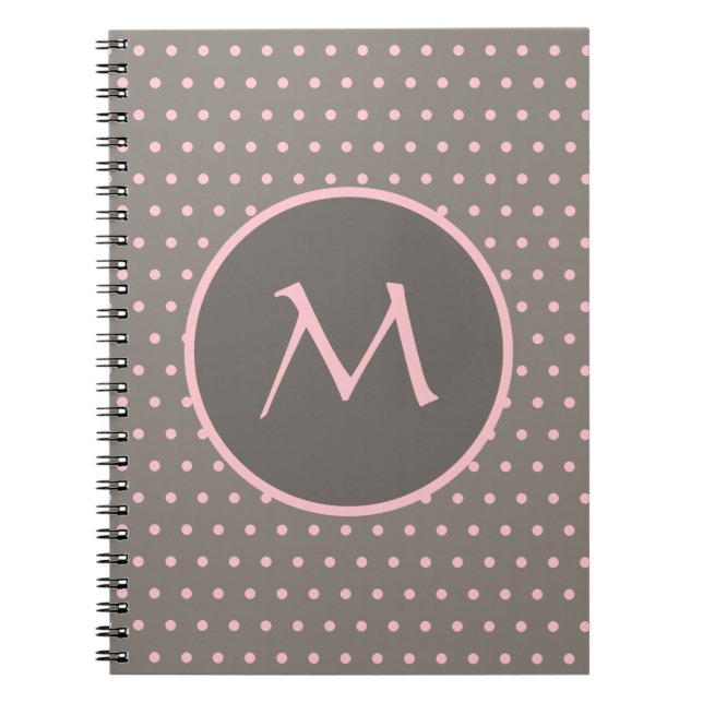 Pink polka dots monogrammed grey notebook (Front)