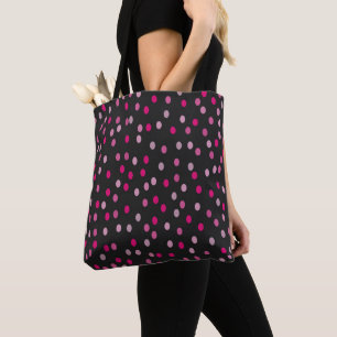 Pink Polka Dots on Black Tote Bag