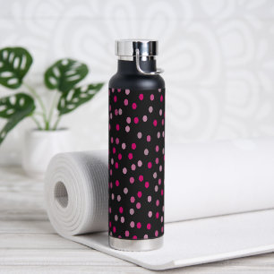 Pink Polka Dots on Black Water Bottle