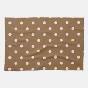 Pink Polka Dots On Brown Background Tea Towel