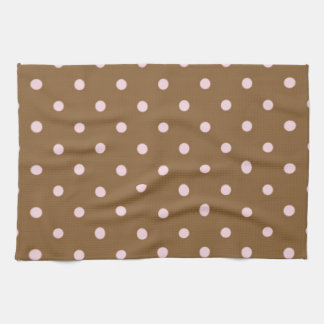 Pink Polka Dots On Brown Background Tea Towel