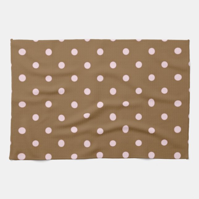 Pink Polka Dots On Brown Background Tea Towel (Horizontal)