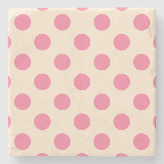 Pink polka dots on cream stone coaster (Front)