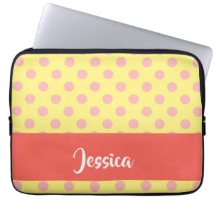 Pink polka dots on yellow laptop sleeve