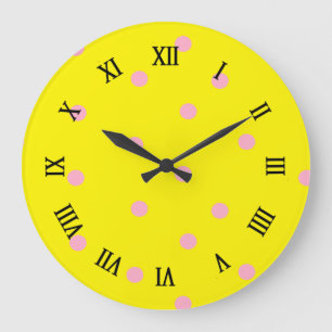 Pink polka dots on yellow  large clock