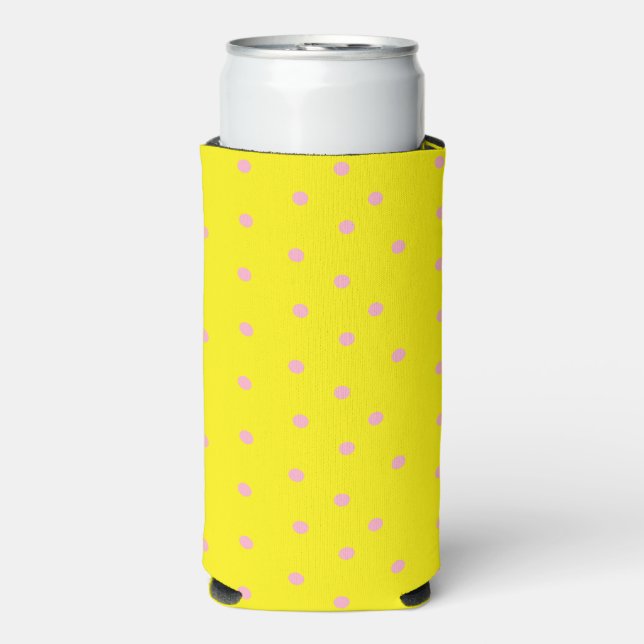Pink polka dots on yellow  seltzer can cooler (Seltzer Front)