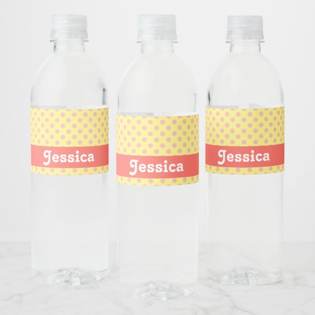 Pink polka dots on yellow water bottle label (Bottles)