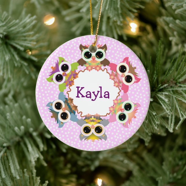 Pink Polka Dots Owl Wreath Ceramic Tree Decoration (Tree)