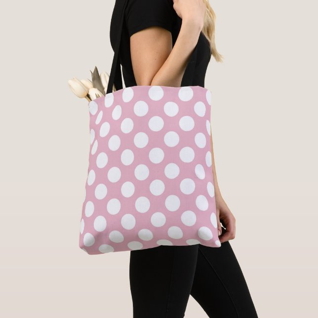 Pink Polka Dots, Polka Dot Pattern, Dots, Dotted Tote Bag (Close Up)