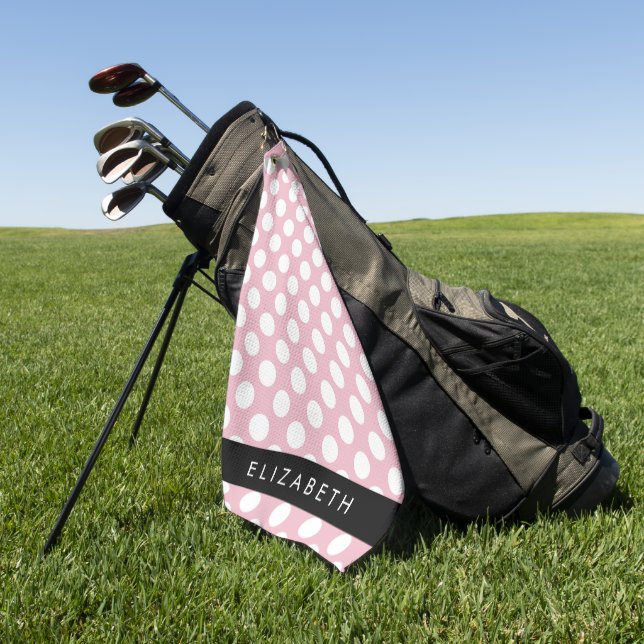 Pink Polka Dots, Polka Dot Pattern, Your Name Golf Towel (Green)