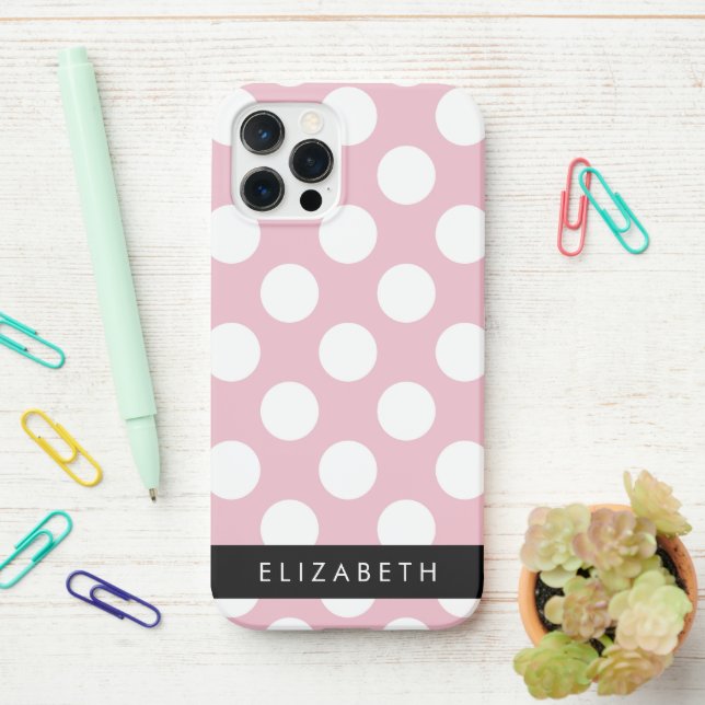 Pink Polka Dots, Polka Dot Pattern, Your Name iPhone Case (On Desk)