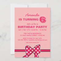 Pink Polka Dots Ribbon and Bow Birthday Invitation