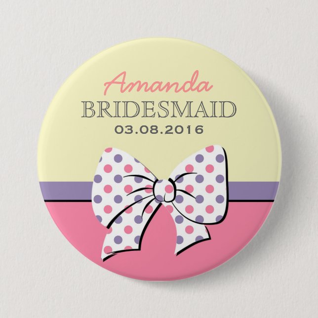 Pink Polka Dots Ribbons and Bows BridesmaidButton 7.5 Cm Round Badge (Front)