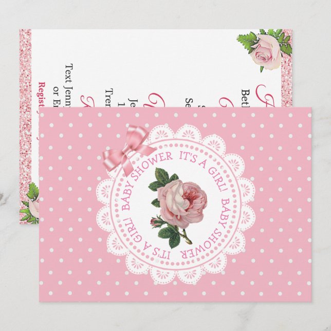 Pink Polka Dots Rose Girl's Baby Shower Invitation (Front/Back)