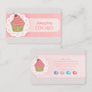 Pink Polka Dots Stripes Cupcake Business Card