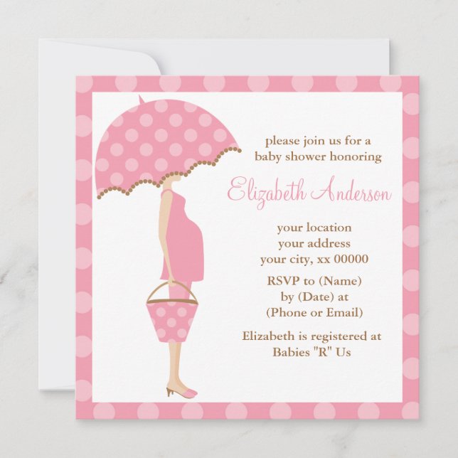 Pink Polka Dots Umbrella Mum Baby Shower Invitation (Front)