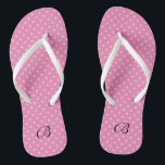 Pink polkadots monogram wedding party flip flops<br><div class="desc">Pink polka dots pattern name monogram wedding flip flops. Custom strap colour for him and her / men and women. Custom background colour and personalised name initials. Modern trendy polkadotted design sandals. Cute party favour for beach theme wedding, marriage, bridal shower, engagement, anniversary, birthday, bbq, bachelorette, girls weekend trip etc....</div>