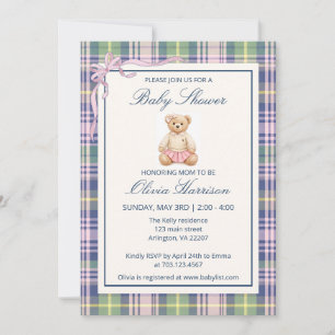Pink Polo Teddy Bear Baby Shower Invitation