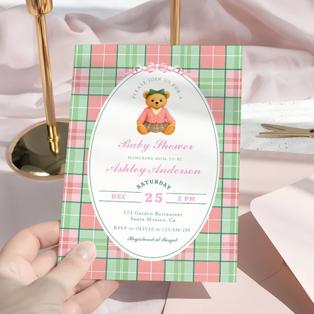 Pink Polo Teddy Bear Girl Baby Shower Invitation (Creator Uploaded)