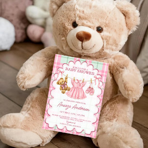Pink Polo Teddy Bear Girl Baby Shower Invitation