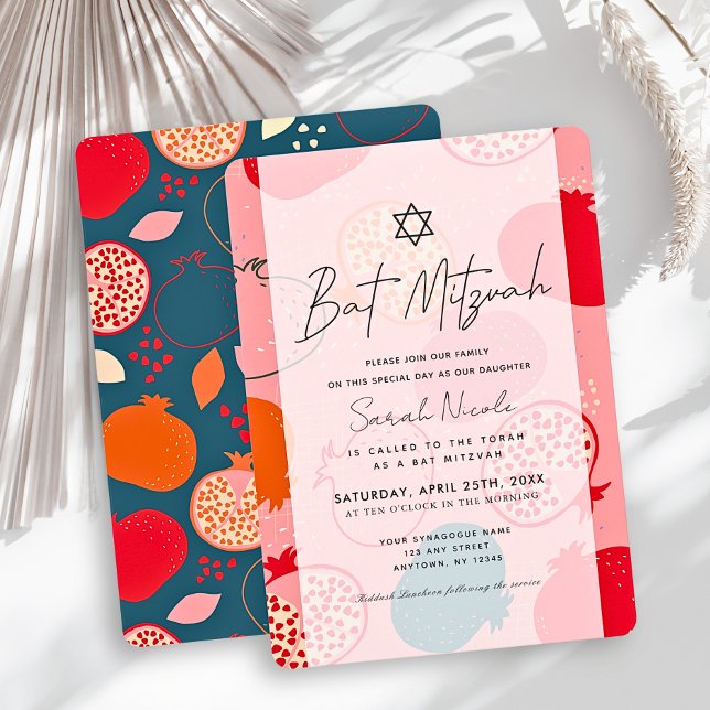 Pink Pomegranate Pattern Bat Mitzvah Invitation (Creator Uploaded)