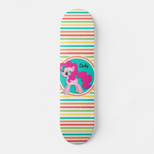 Pink Pony; Bright Rainbow Stripes Skateboard (Front)