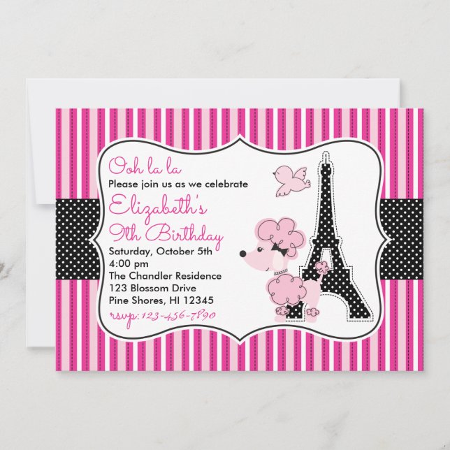 Pink Poodle in Paris Birthday Invitations (Front)