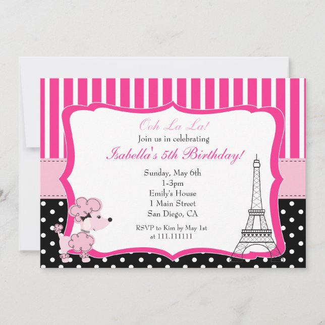 Pink Poodle in Paris Birthday Party Invitation (Front)