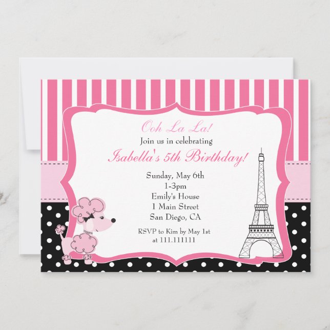 Pink Poodle in Paris Birthday Party Invitation (Front)