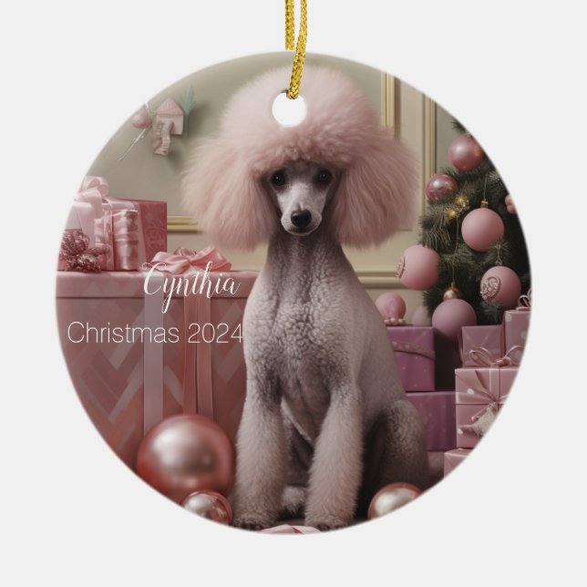 Pink Poodle Personalised Christmas Ornamment Ceramic Tree Decoration (Front)