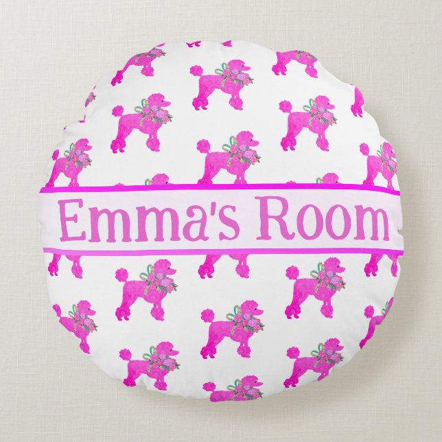 Pink Poodle Personalised Round Cushion (Front)