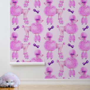 Pink poodle purple bow patterned wallpaper