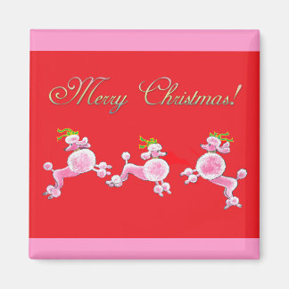 Pink Poodle Retro Merry Christmas Art Magnet
