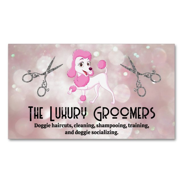 Pink Poodle | Salon Scissors | Bokeh Magnetic Business Card (Front)