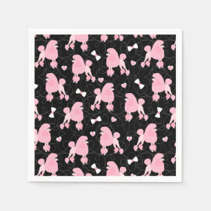 Pink Poodles and Bows Pattern Black Napkin