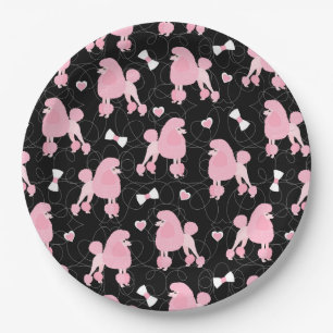Pink Poodles and Bows Pattern Black Paper Plate