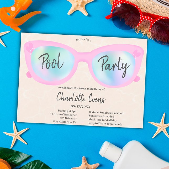 Pink pool party holographic glasses Sweet 16 Invitation (Creator Uploaded)