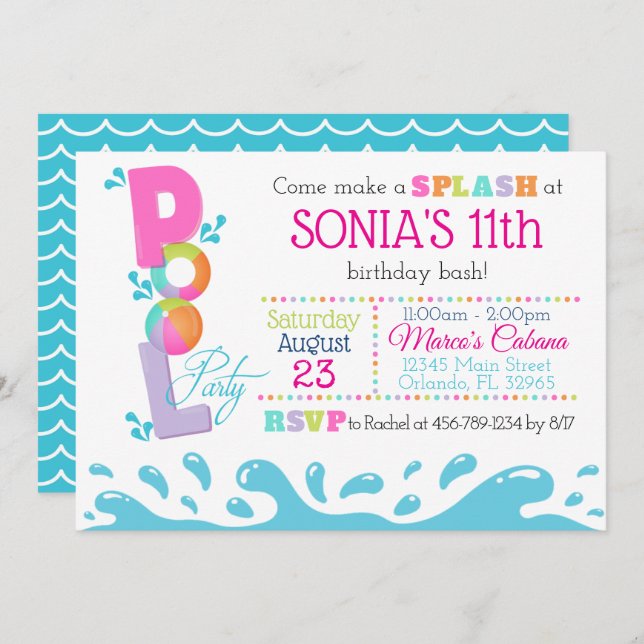 Pink Pool Party Invitation Summer Birthday (Front/Back)
