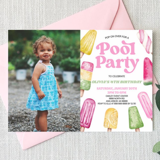 Pink Pool Party Popsicle Picture Birthday Party Invitation (Creator Uploaded)