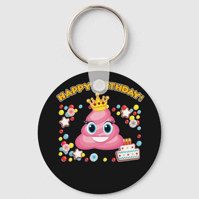 Pink Poop Emoji Happy Birthday Girls Key Ring (Front)