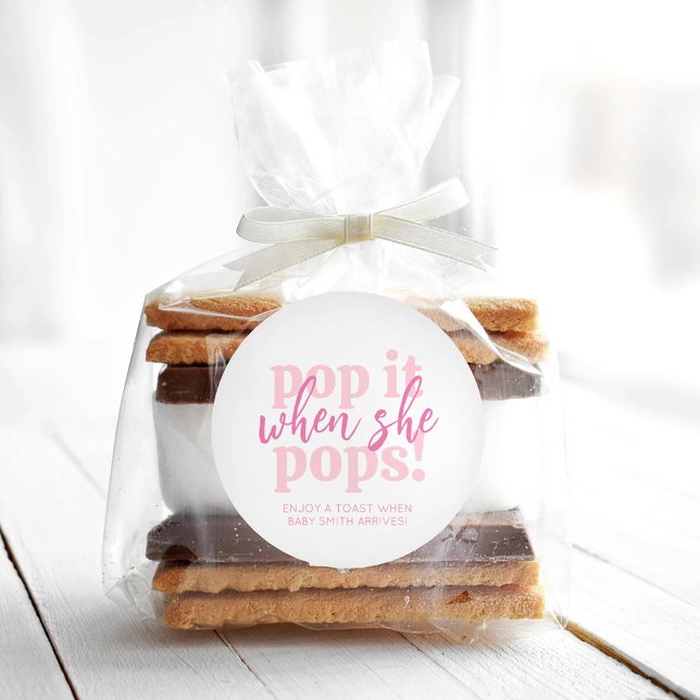 Pink Pop It When She Pops Baby Shower Gift Classic Round Sticker (Creator Uploaded)