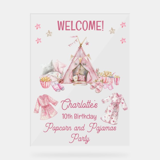 Pink Popcorn and Pyjamas Slumber Birthday Party Acrylic Sign (Front)