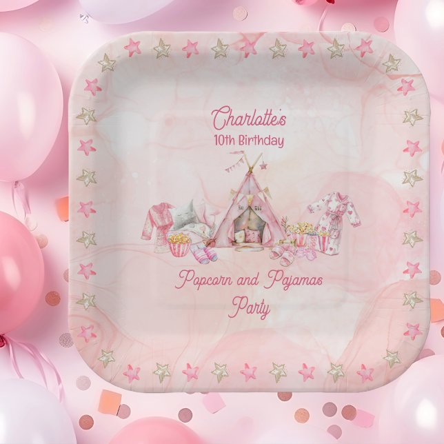 Pink Popcorn and Pyjamas Slumber Birthday Party Paper Plate (Pink "Popcorn and Pajamas" Slumber | Sleepover Birthday Party Paper Plate)